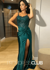 Dolores |Dark Green Prom Dress Long Mermaid Pleated Corset Spaghetti Straps with Slit - Dark Green - PromDressClub